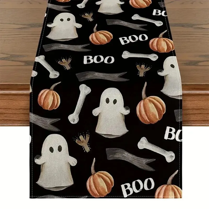 Black Pumpkins Ghost Halloween Table Runner - 72 Inch Fall Dining Table Decor For Parties