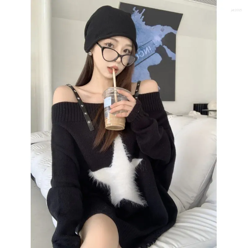 jst2015 Women s Sweaters Girl Star Sweater Female Spring 2024 Pullover Off The Shoulder Sexy Punk Rivet Black in Outerwears
