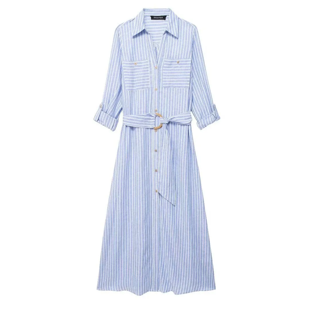 knee length dresses for ladies Linen Blend Pinstripe Midi Shirt Dress | Effortless Style main image 0