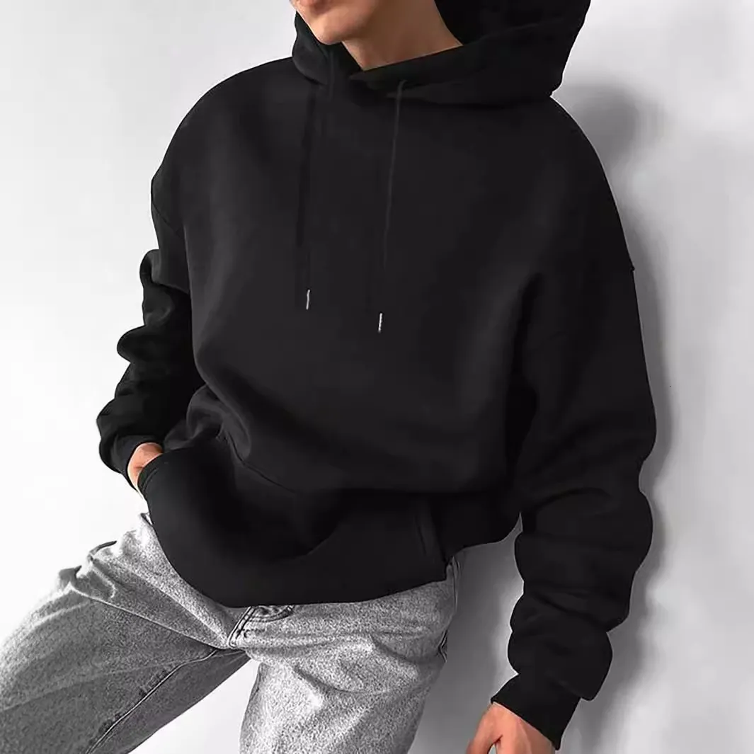 Plush Solid Color Mens Casual Hooded Sweatshirt for Daily Wear