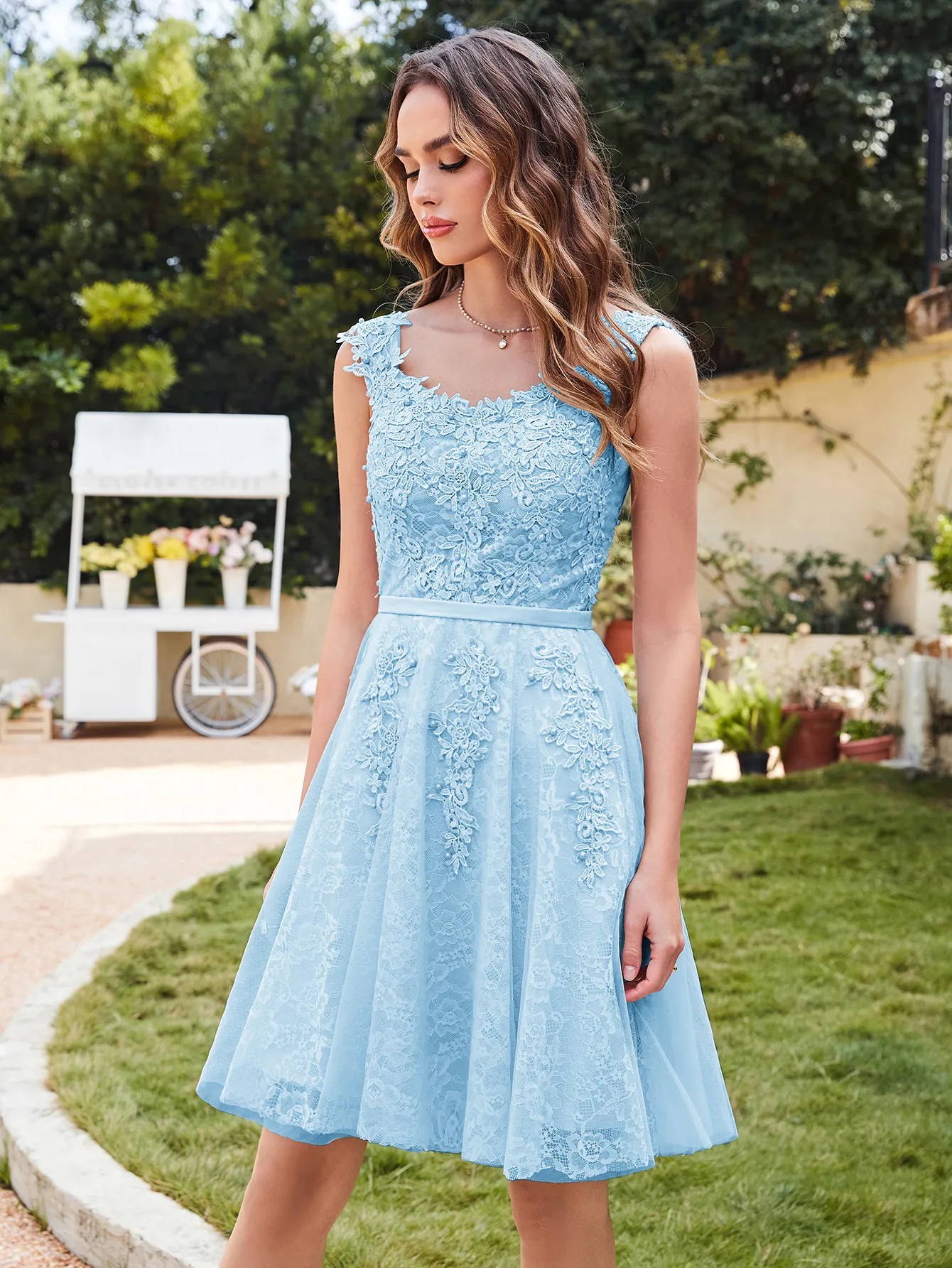 slim fit dress slacks Cute Round Neck Tulle Lace Short Prom Dress, Blue Homecoming Dress US 4 / Blue