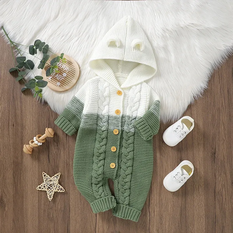 Baby Knit Romper Jumpsuit Hooded Solid Long Sleeve Fall Playsuit for  Girls Boys (0-18 Months)