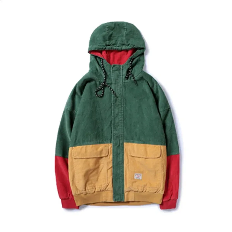 Color Block Patchwork Corduroy Hooded Fashion Jackets Men Hip Hop - Main Image