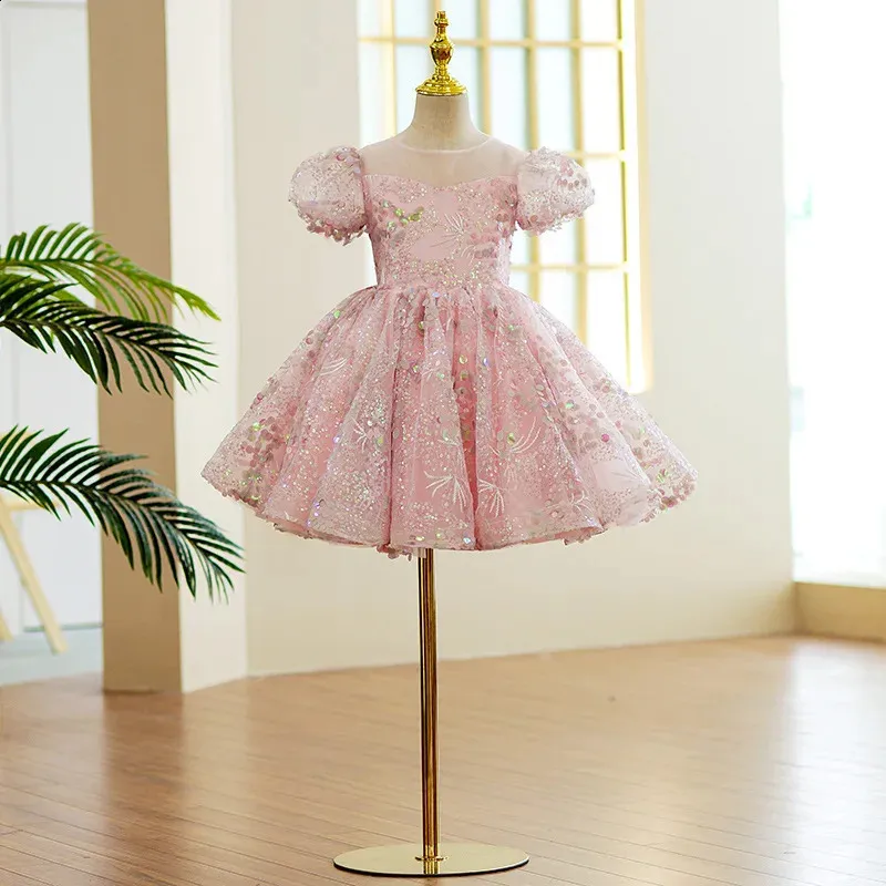 strapless open back dress Luxury Pink Satin Girl Dresses Square Collar Long Sleeve J137 Pink / Child-8 main image 1