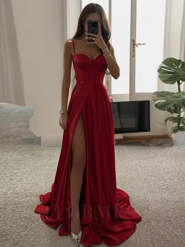 Spaghetti Strap Wedding Dress, Red Satin Evening Gown With Side Split,  Sleeveless, Custom Made Prom Dresses, Long Formal Reception Dress From  Bestbrides, $104.93 | DHgate.Com