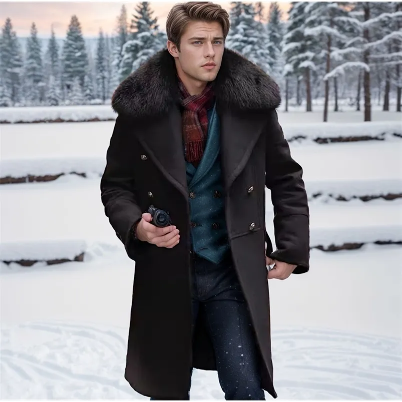 Mens Wool Blend Double Breasted Coat with Fur Collar - Mid