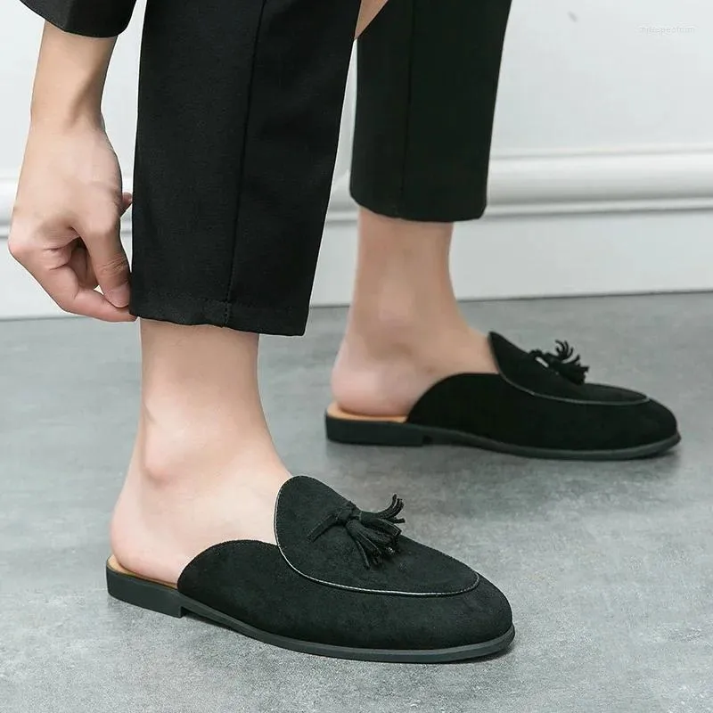 Suede Mules Black Tassel Mules Mens Leather Tassel Loafers