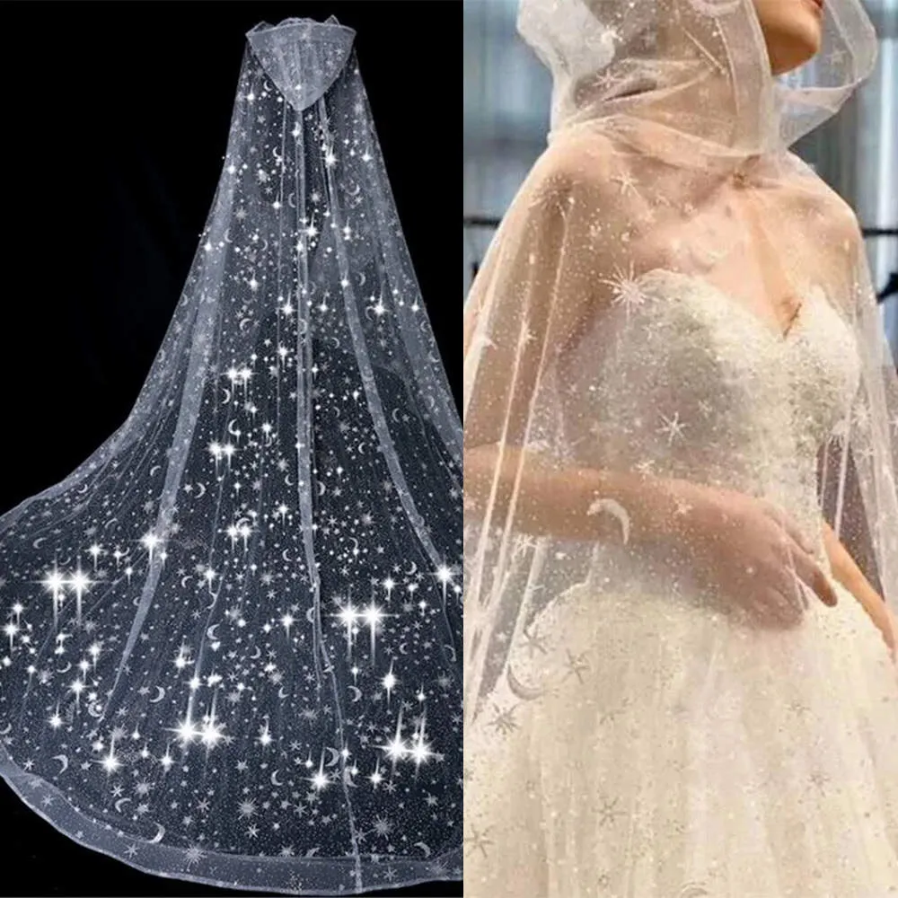 Bridal Capes: Elegant Star And Moon Tulle Wedding Cape Veil