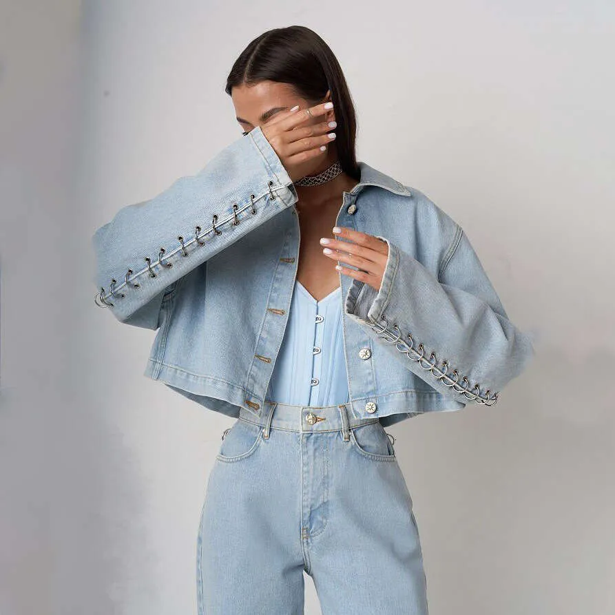 【Honi Anne】Washed Crop Jacket Denim Wide PT Two Piece Set DHgate.com:Womens Washed Denim Two-Piece Set with Iron Ring