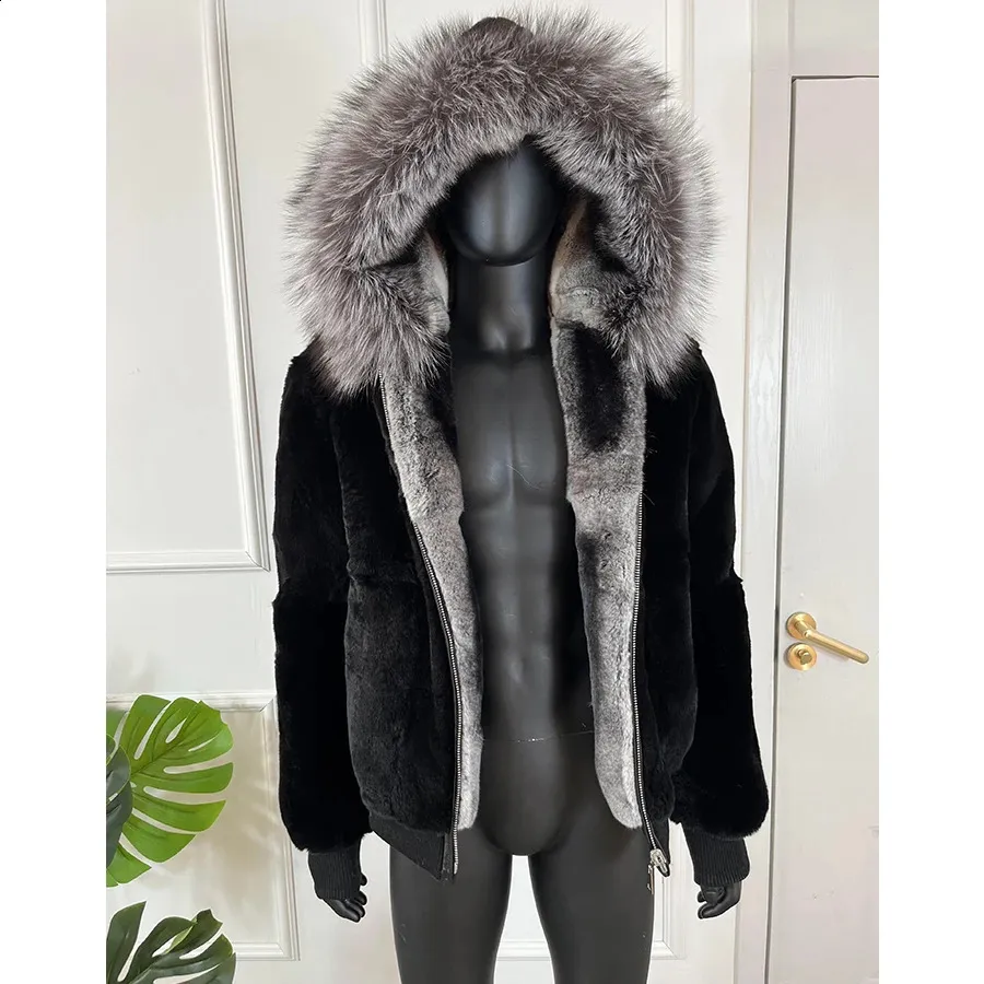 ジャケット・アウター Bunny curly fur coat gray LVCOMEFF Natural Rex Rabbit Fur Coat Chinchilla Color Stripe