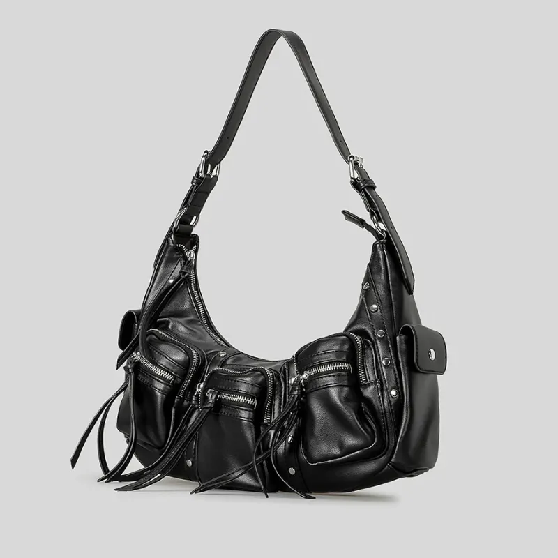 Womens Rivet Studded Hobo Shoulder Bag with Multiple Pockets