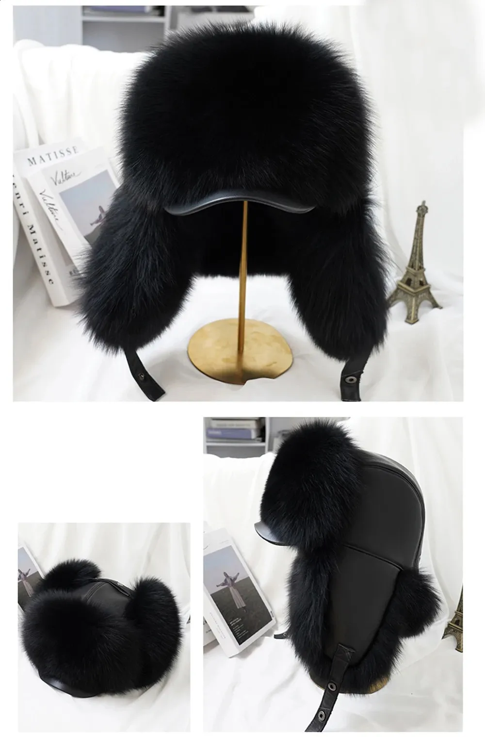 Mens Fur Hats Genuine Fox Fur Trapper Hat With Raccoon Fur Trim