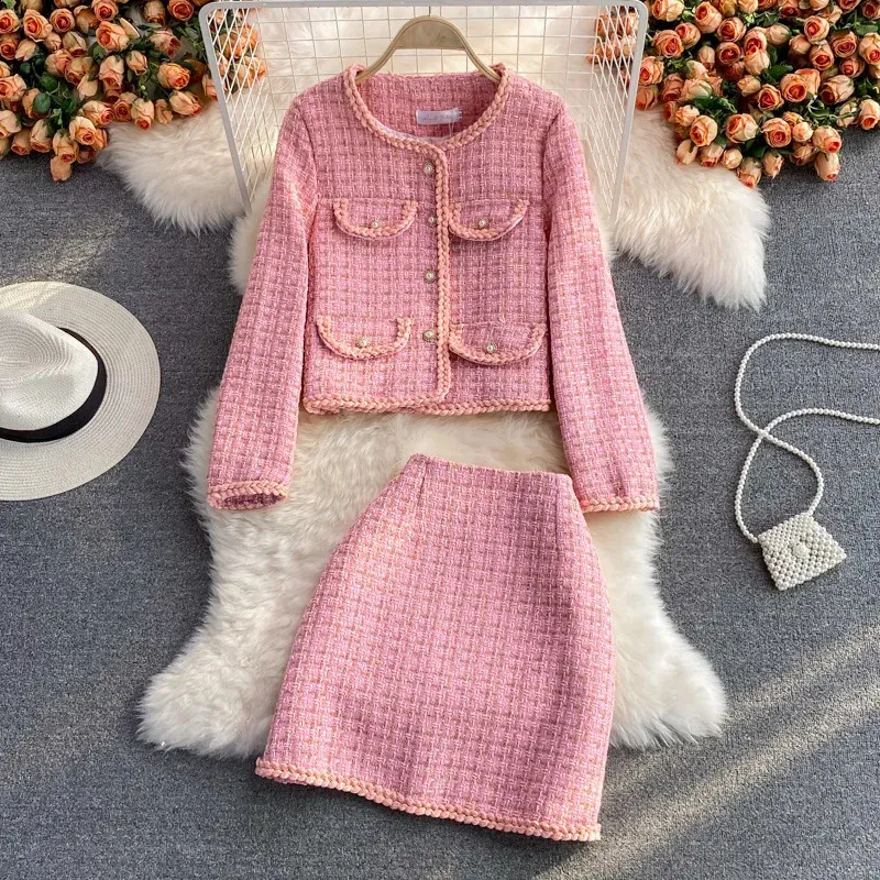 Chic Plaid Two-Piece Set Women's Autumn Tweed Blazer Mini Skirt Suit,  Pink White Short Jacket Half Skirt Set