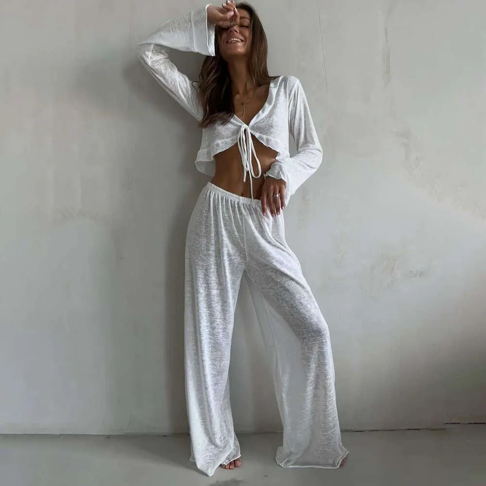 Womens Sheer Lace-Up Wide Leg Pants Set with Exposed Navel