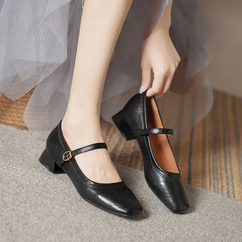 Womens Microfiber Square Toe Mary Jane Shoes with Buckle