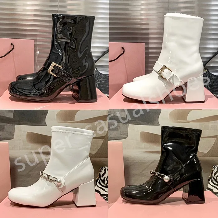 Designer Buckle Letter Boots Patent Leather Black White Ankle Martins for Women