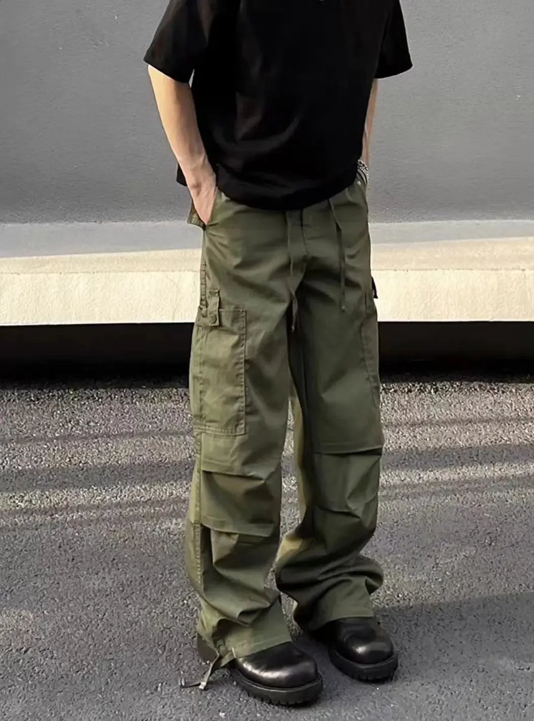 Mens Wide Leg Trousers: Green Multi Pocket Cargo Pants, Casual