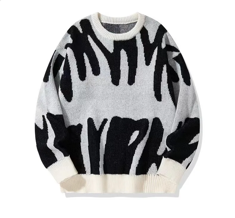 Mens Round Neck Jacquard Sweater Black White Splicing Large Size