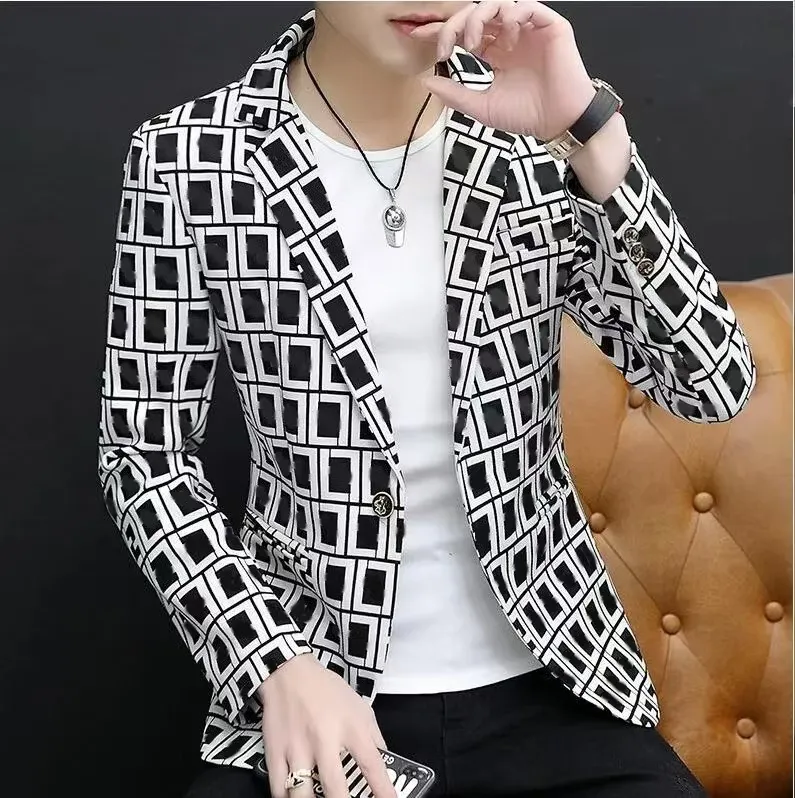 Men's Geometric Print Slim Fit Blazer Long Sleeve Casual Wedding Suit  Jacket