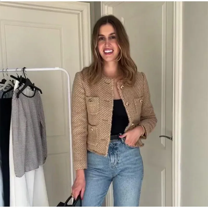 Chic Tweed Womens Ladies Tweed Jacket With Single Breasted