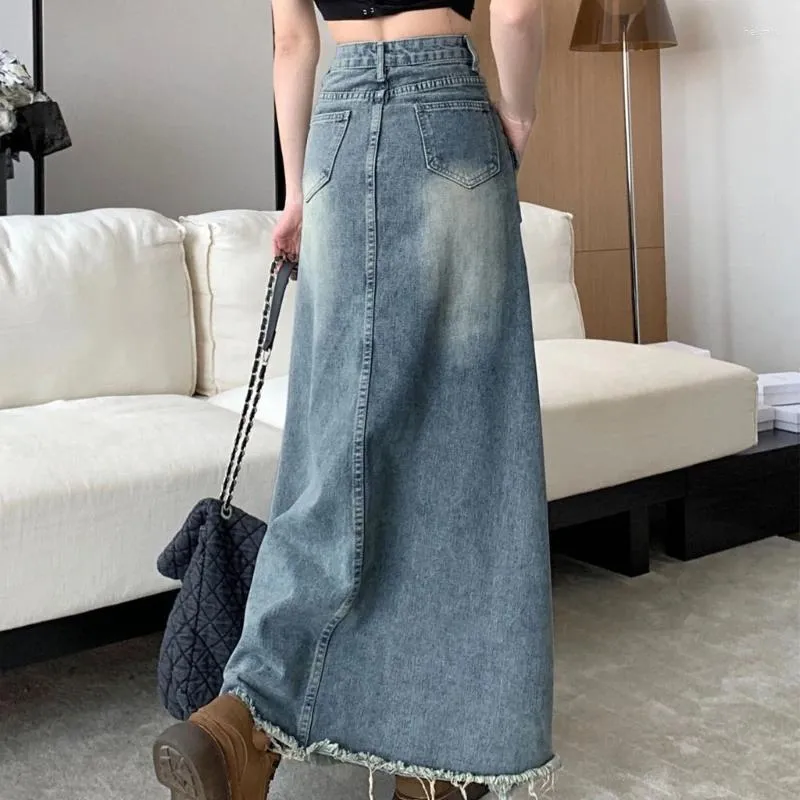 Skirts Classical Denims Fishtail Long Skirt With High Waist And Distressed Hem Single Breasted Button Front For Women