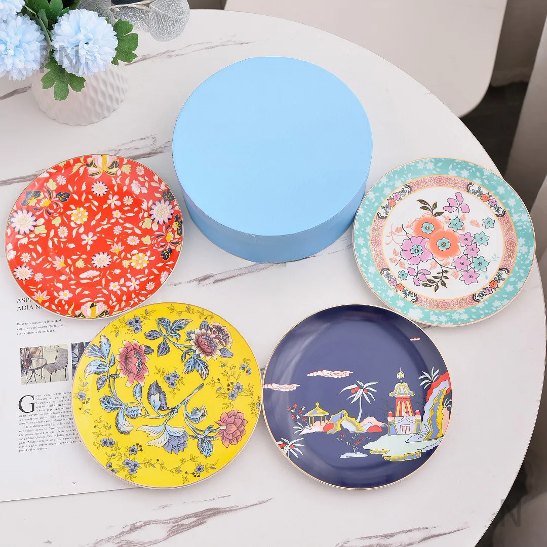 Designer Plates Tea Garden Four-piece Sets of Bone China Tableware 10-inch Western Plate Pastoral Style Housewarming Wedding Serving Plate