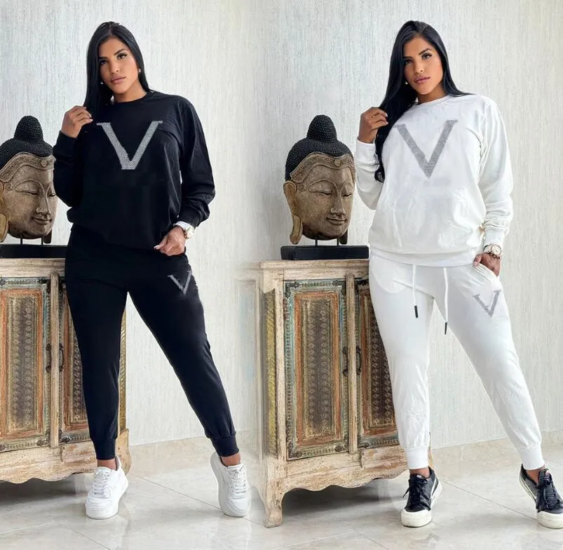 New Women s Tracksuits Luxury brand Long sleeves pants 2 Piece Set designer Casual sports Suit rhinestone