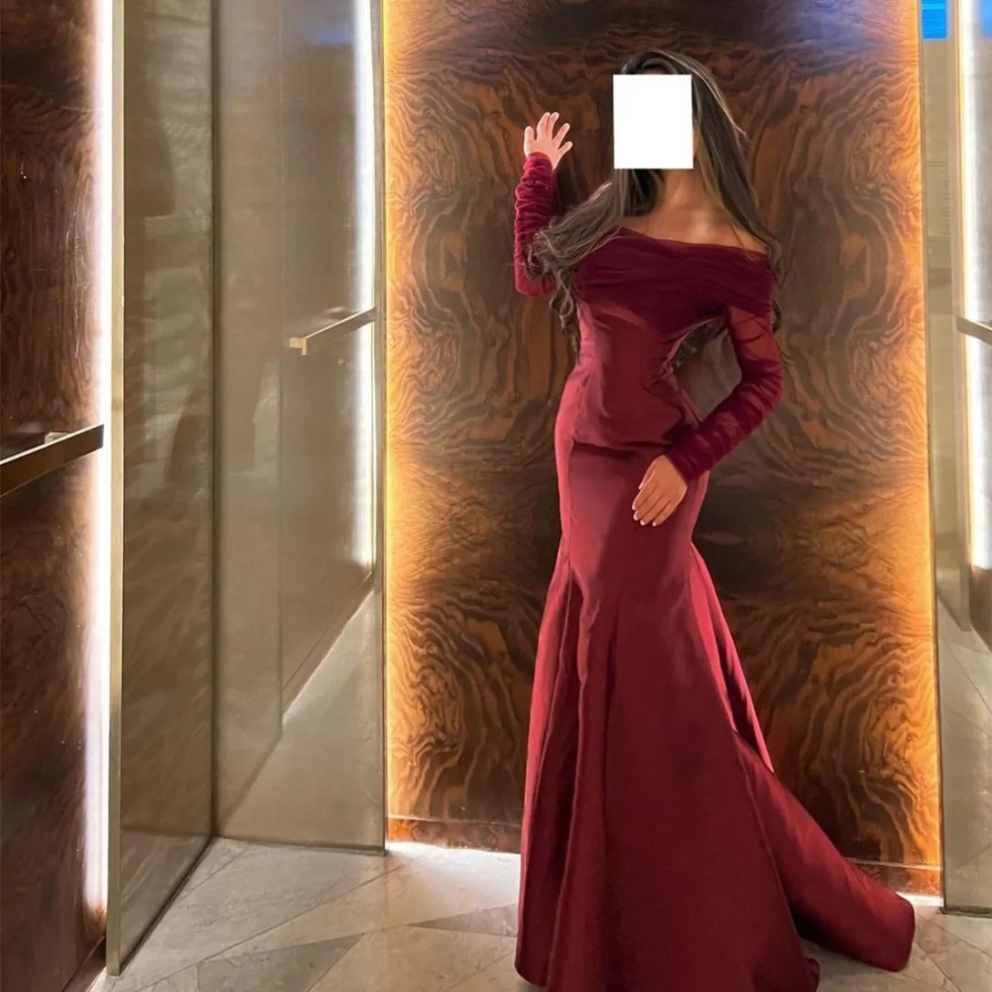 Burgundy Satin Mermaid Evening Dress with Sleeves, Boat Neck, Pleated Sweep  Train for Prom