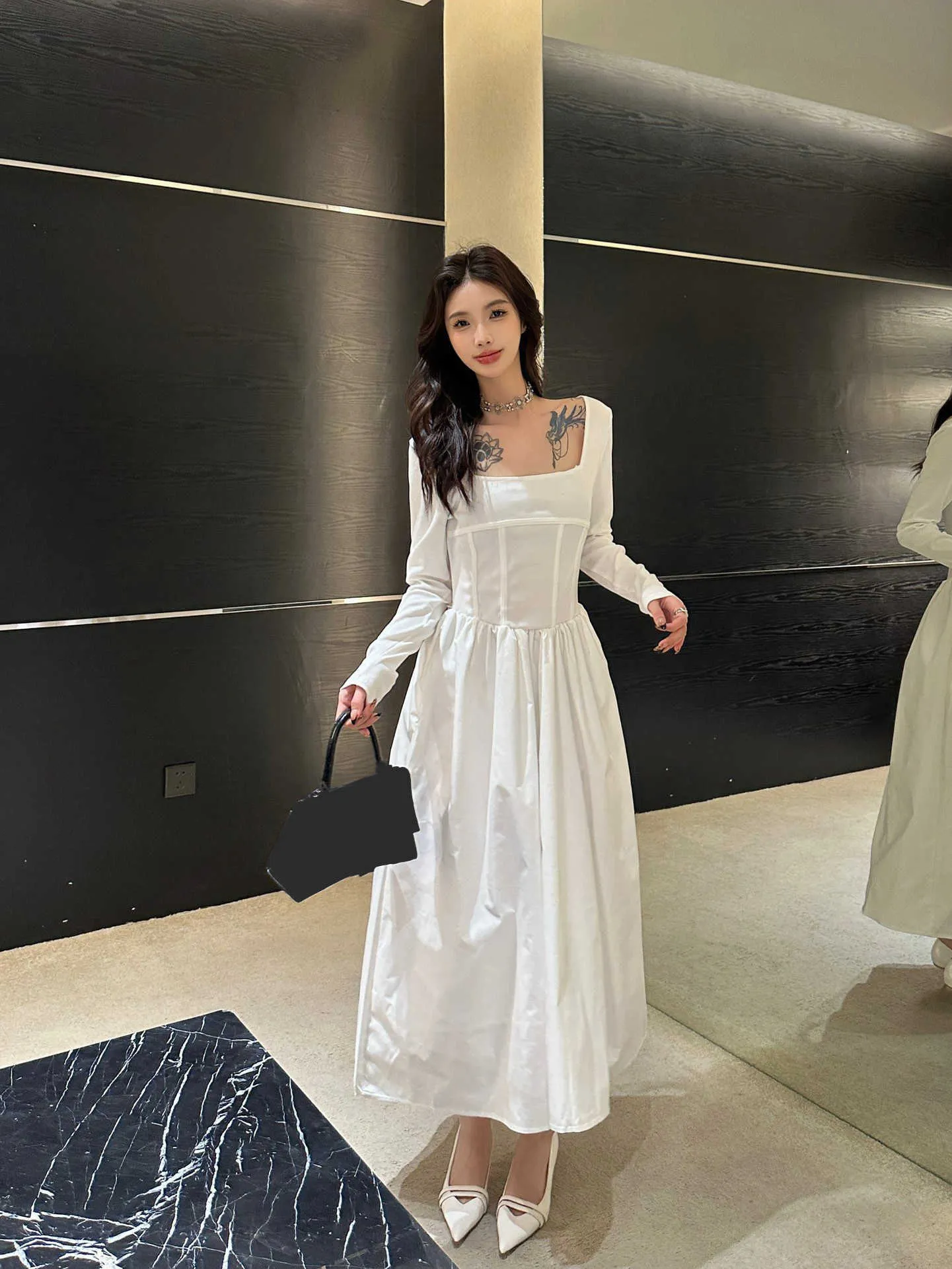 White Long A-Line Dress with Triangle Detail Luxury Beach Vacation Outfit