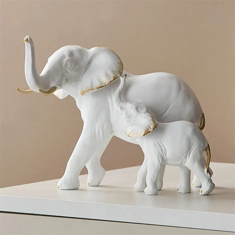 Statues éléphants En Céramique Beige - Lot De 2 (mère Et Bébé) - Décoration Intérieur Salon, Bureau, Cadeau Symbolique