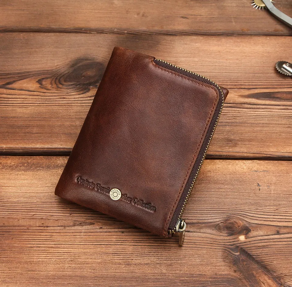 Mens Genuine Cow Leather Wallet Short Double Fold with Zipper Coin