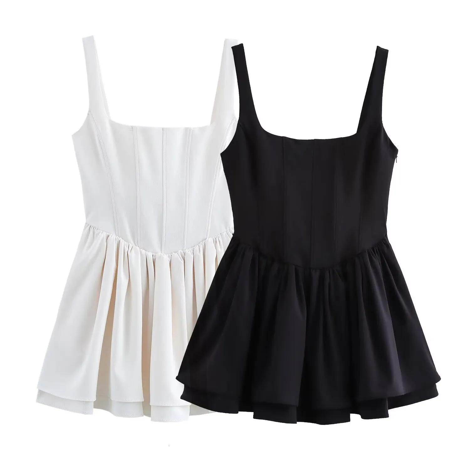 New Women's Fashion Autumn Mini Pleated Dress with Square Collar and Slim Fit Strap in