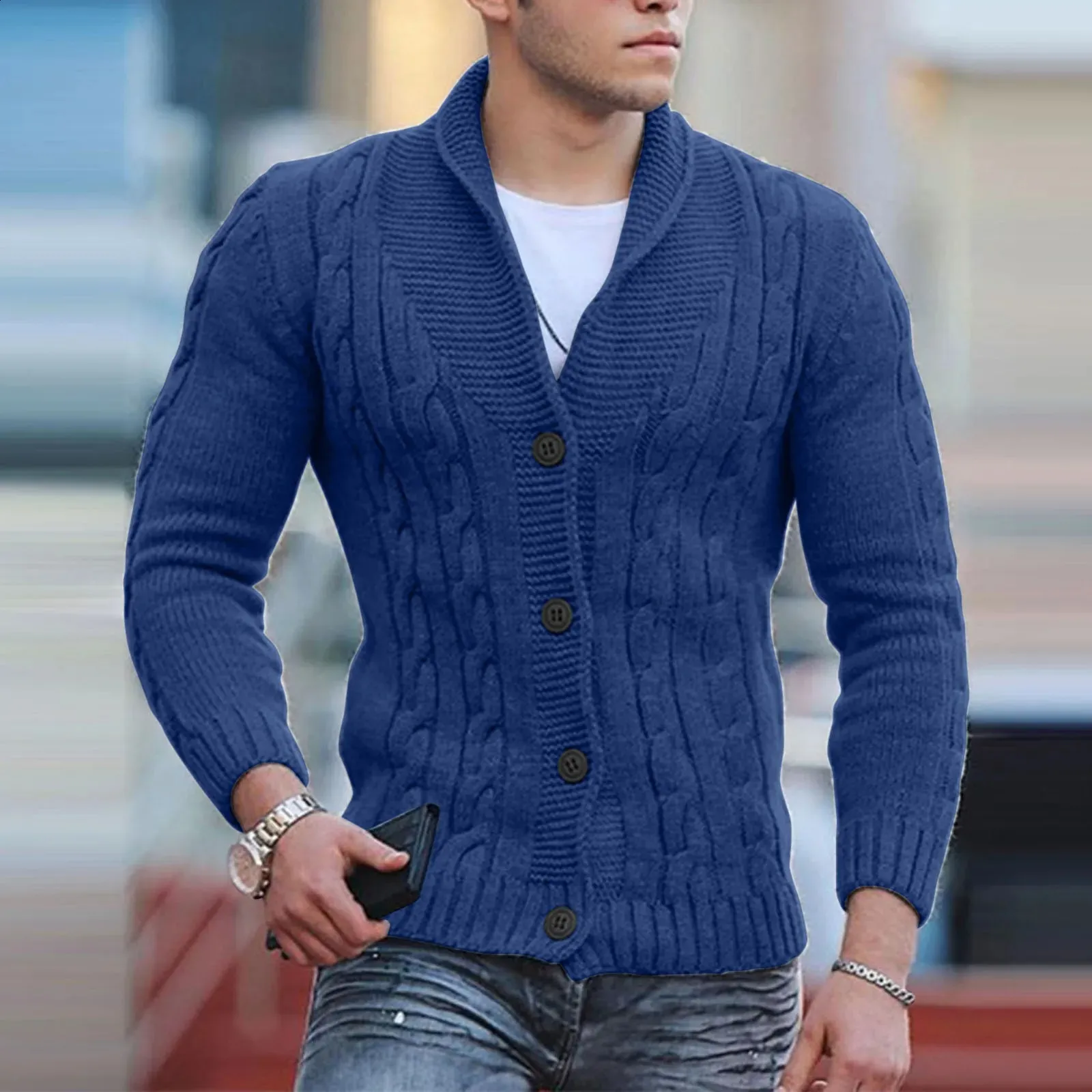 Mens Cable Knit Wool Cardigan Sweater Loose Fit, Long Sleeve