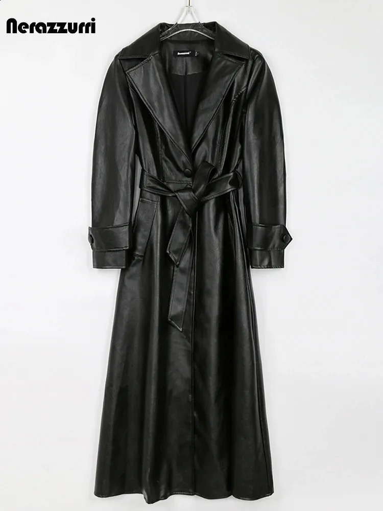 Sapphire Spring Autumn Long Black Faux Leather Trench Coat for