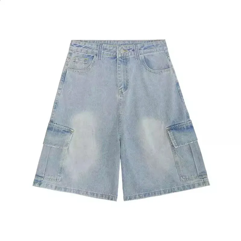Womens Light Wash Denim Cargo Shorts - Frayed, Wide Leg