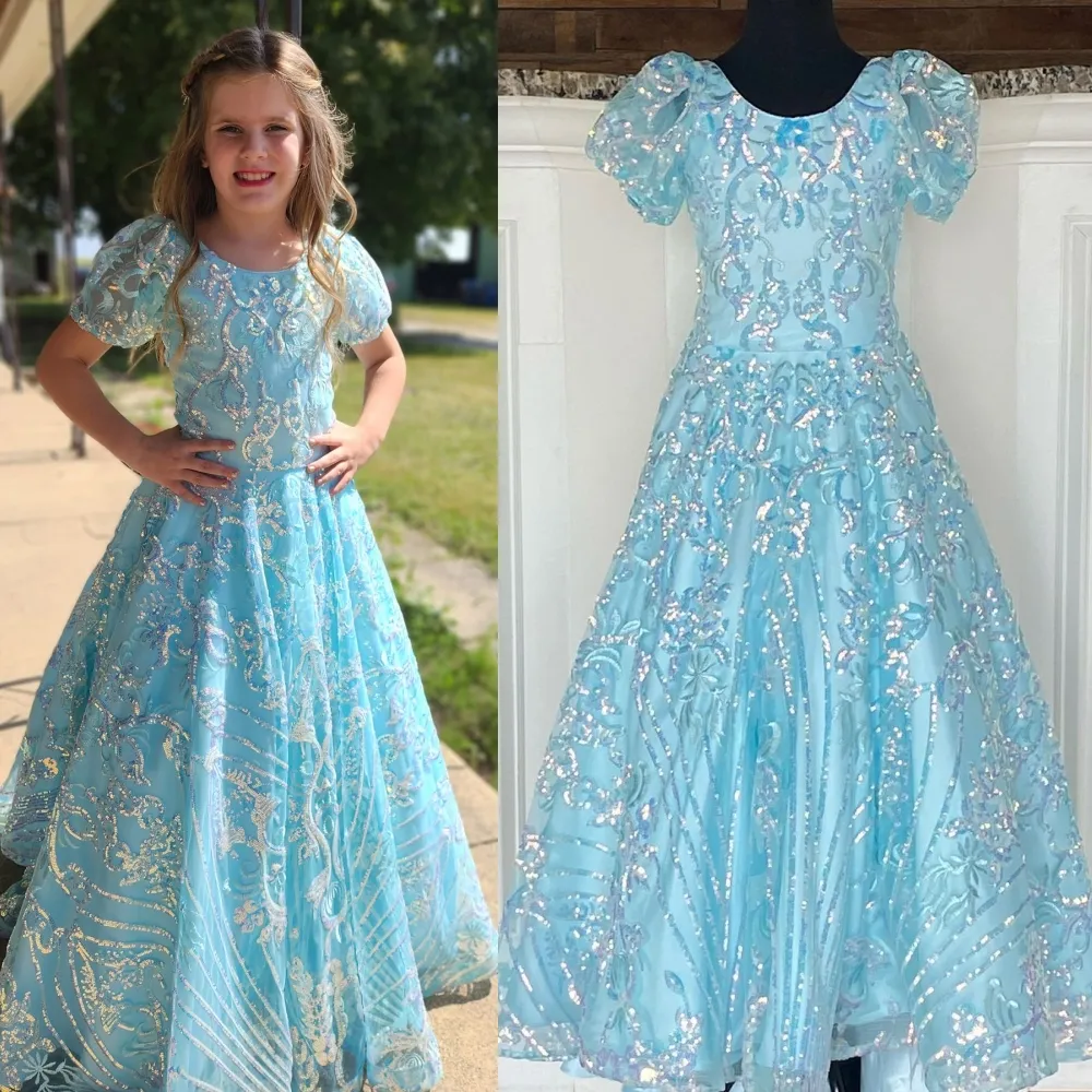 Light Blue Party Dresses, Sky Blue Ball Gown for Baby Girl's First Birthday  - Floral Sequin Floor Length Gown, Ideal for Photoshoots and Pageants
