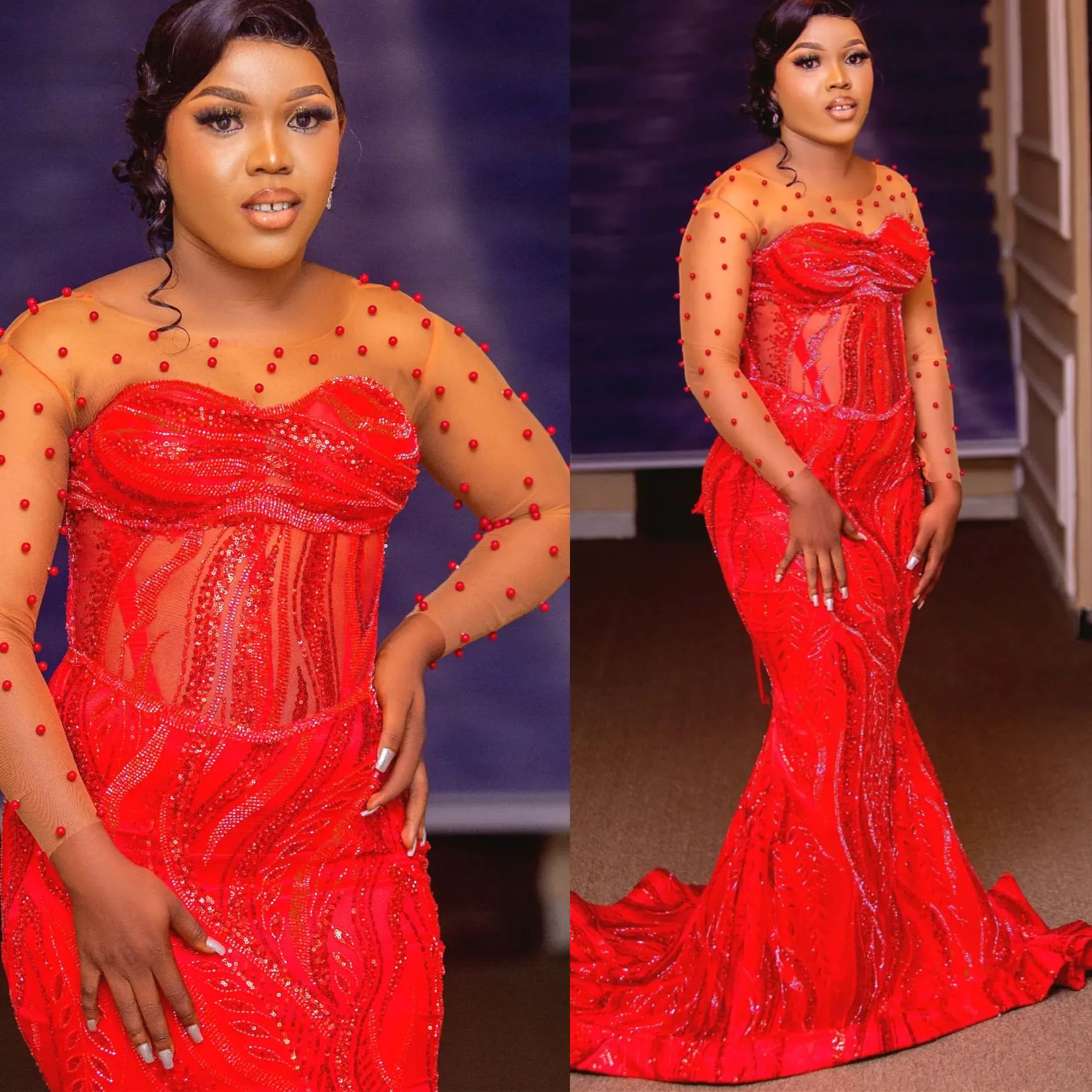 Red Mermaid Prom Dresses Sequins Formal Gowns