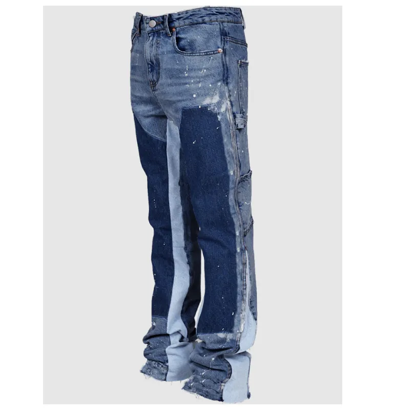 Jeans Mens Work Fashion Stretch Patch Denim Stacked Flare Pants_voghion.com