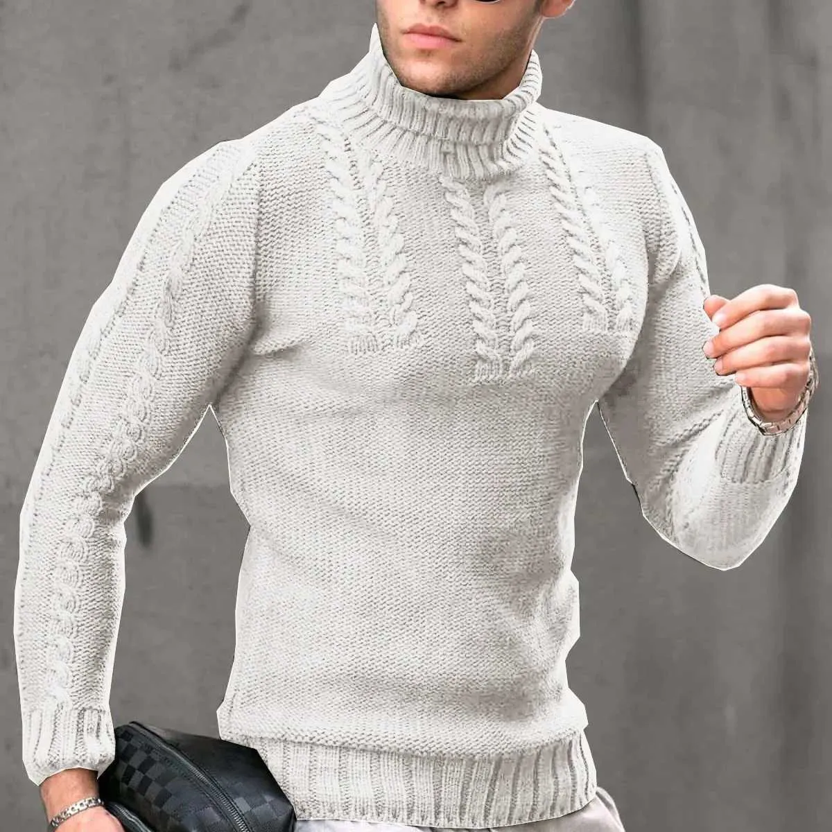 Fotino Landi Men's Knitted Turtleneck Sweater – 60% Cotton 40% Acrylic, Solid Colors (M-3XL)