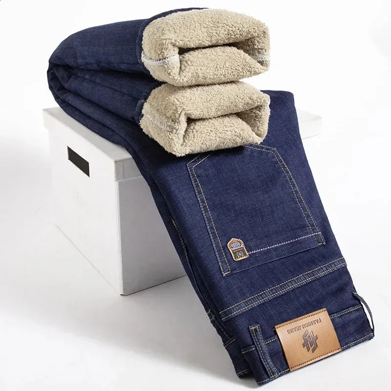Mens High Waisted Winter Cashmere Denim Fleece Lined Jeans With 