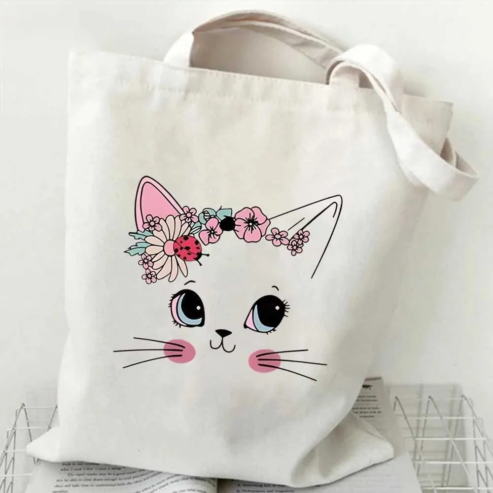 Floral Cat Print Graphics Women Canvas Tote Bag Girls Y2K
