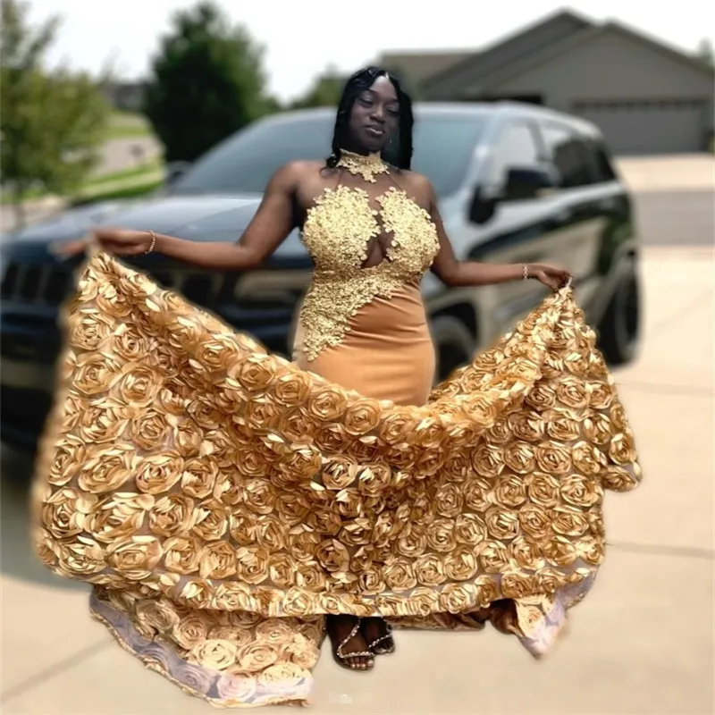 Gold Halter Applique Lace Gold prom dresses 2022 with Floral Bottom - 2021 Collection