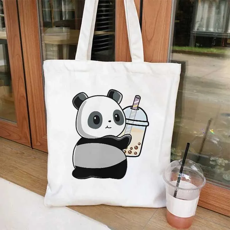 Cartoon Animals Canvas Tote Bag: Funny Handbag with Boba Tea Print Shop Now!