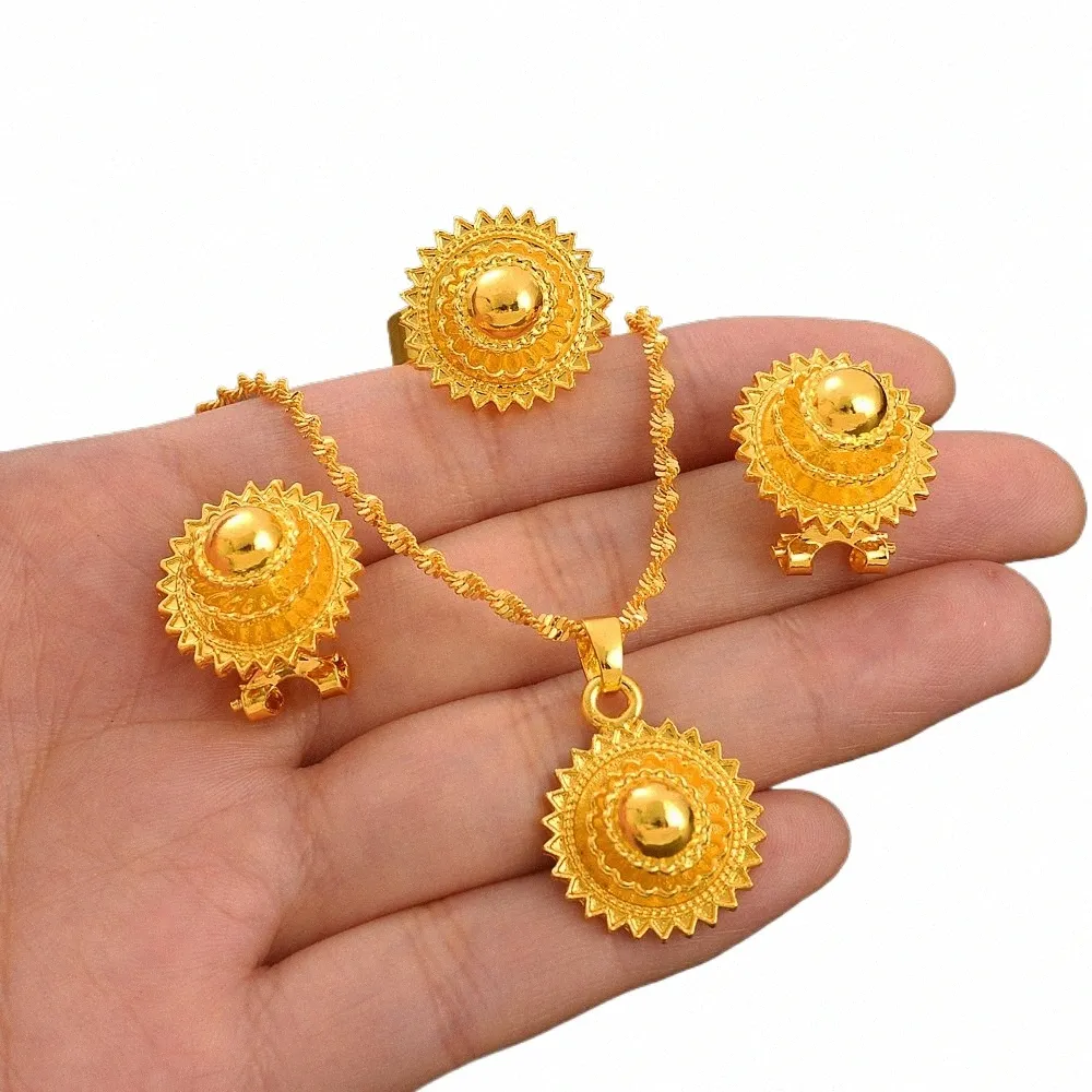 Ethiopian Habesha Jewelry Set - Gold Color Necklace, Earrings & Ring, Traditional Eritrean Design
