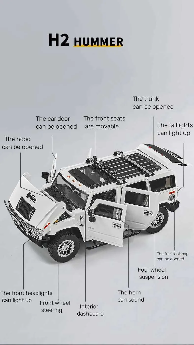Diecast Metal Car 1/18 Scale Hummer H2 SUV Sound & Light Off Road