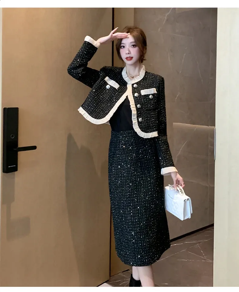スーツ Lyman Tweed Jacket + Skirt Suit Set Women Coat+Skirt Suits Set Formal 2PCS Occident Fashion