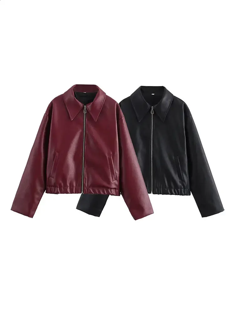 Mens Faux Leather Bomber Jacket with Lapel Collar, Zipper