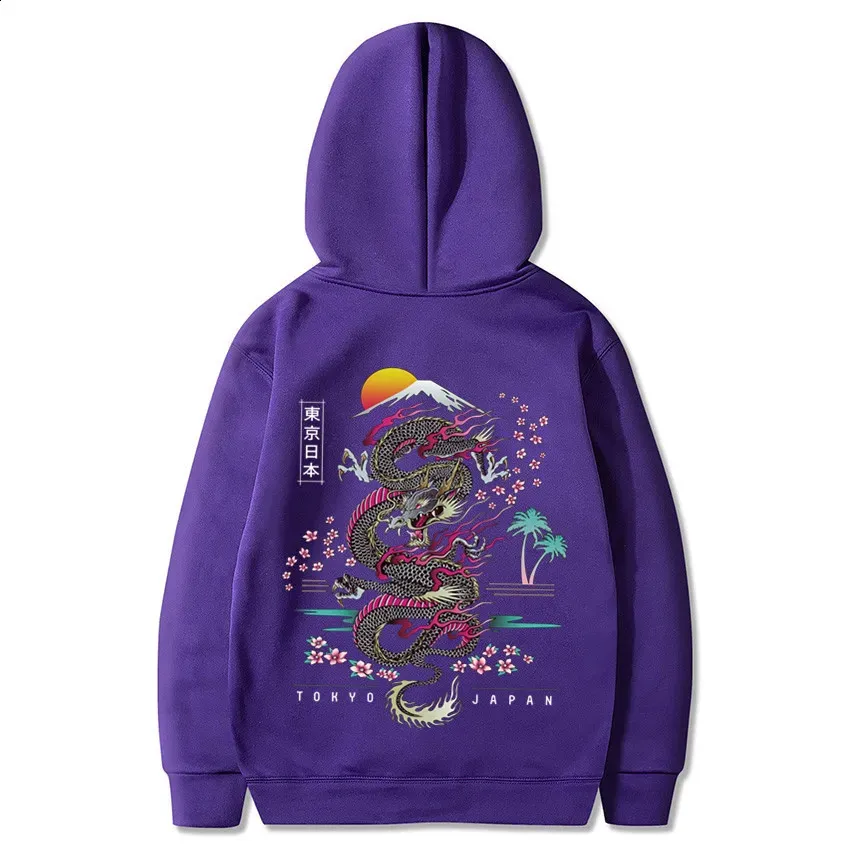 Dragon Print Hooded Sweatshirt - Casual Round Neck Long