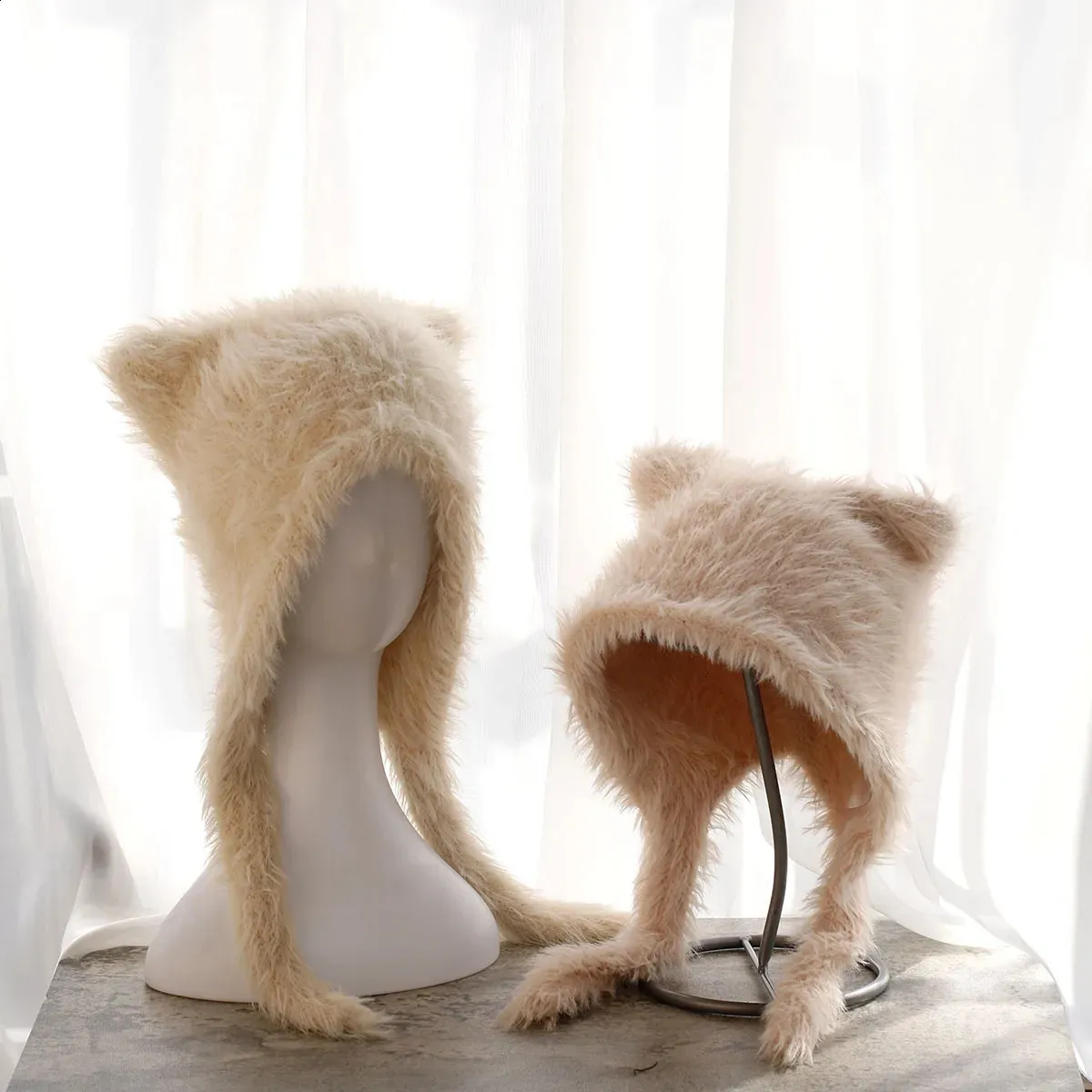 Kitty Cat Ear Beanie Hat With Fox Fur Pom Pom CATYA wool knit hat w Fox fur pom pom crystal embellished sz  main image 3