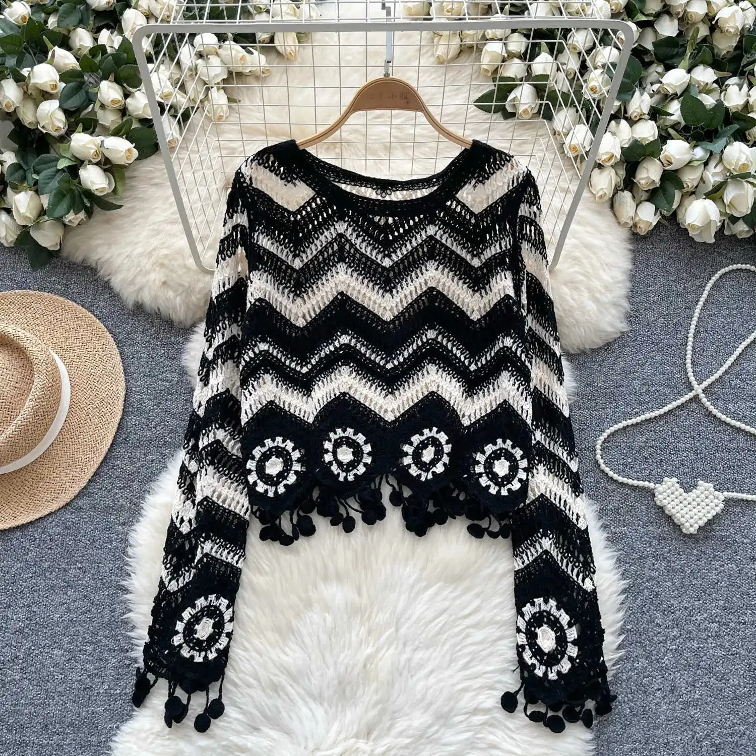 Save Big on Bulk Zig Zag Sweater Womens Crochet Cardigan Sweater Long  Sleeve V Neck Open Knit Pullover Top Wavy Striped Boho Vacation Outfit For  Teen